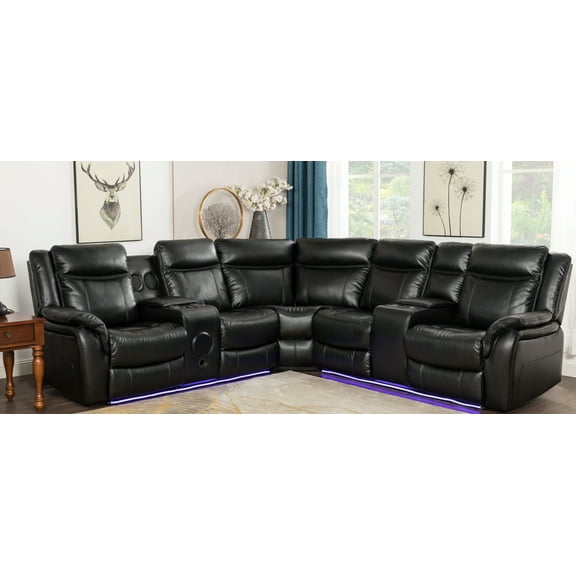Power Reclining Sectional Sofa with Bluetooth Speakers, Gel Leather Leather Upholstery, Modern Design for Living Room Comfort and Entertainment (Black, Without Massage)