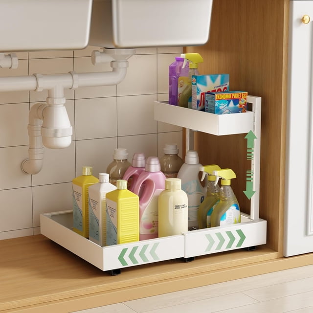 Cajones Organizador Bajo Fregadero, 2 Niveles Organizador de Cocina con 3 Rieles Adhesivo, Ajuste de altura en 6 niveles, Adecuado para Cocina Baño. Anchura 32-52 cm Ajustable