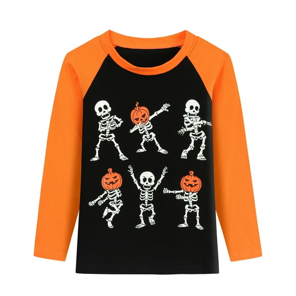 FEDPOP Boys Halloween Shirts Kids Glow in the Dark Skeleton Graphic Tees Raglan Pumpkin T-Shirt Size 8 Years