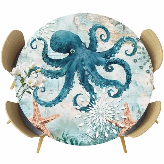 Coastal Octopus Fitted Tablecloth with Elastic Edged, Round Table Cloth for Dining Table, Teal Nautical Beach Starfish Vintage Waterproof Oil Proof Table Cover for Indoor Outdoor 55"-60"