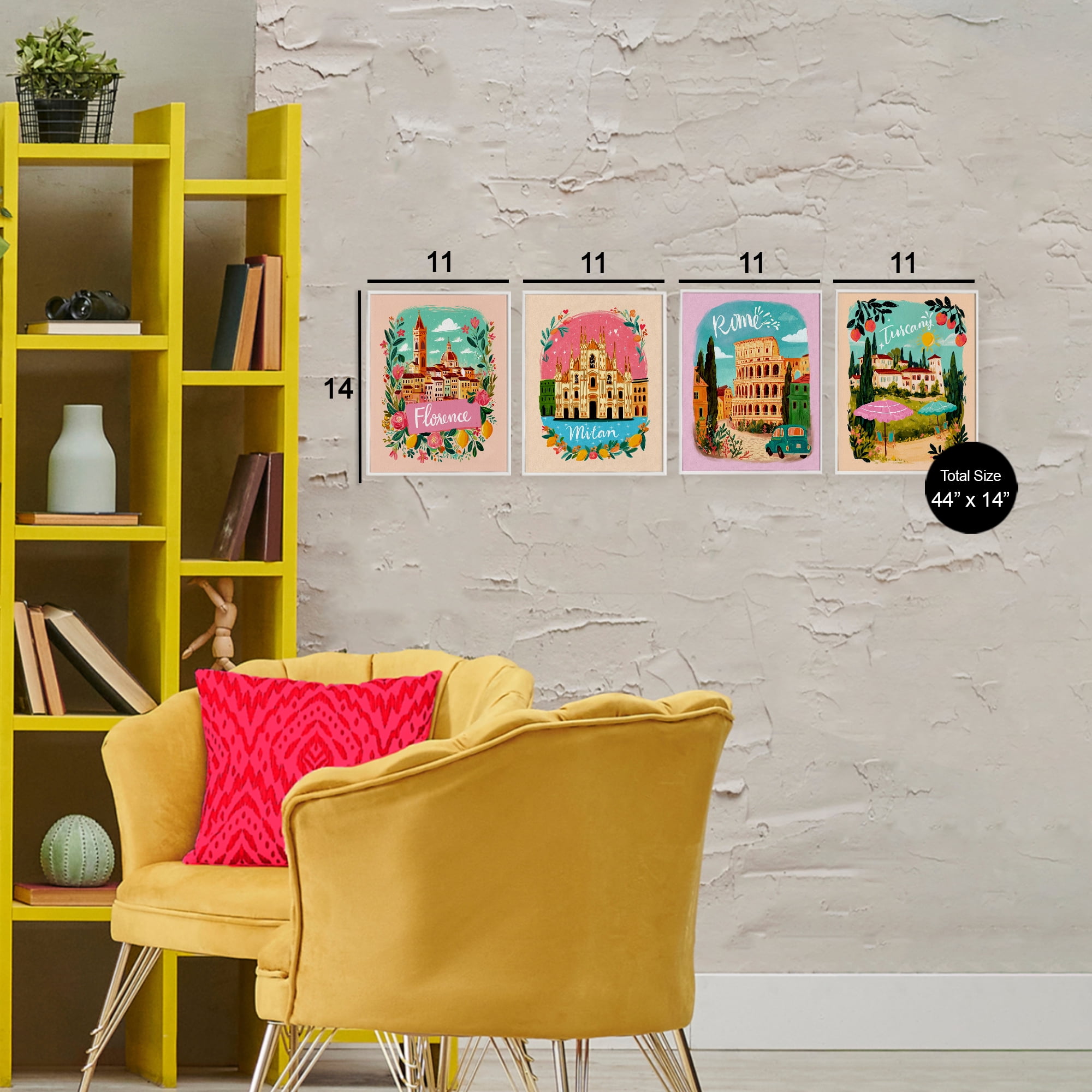 Italy Travel Locations with Florals 4 Piece White Framed Giclee Art Set, design by Yen