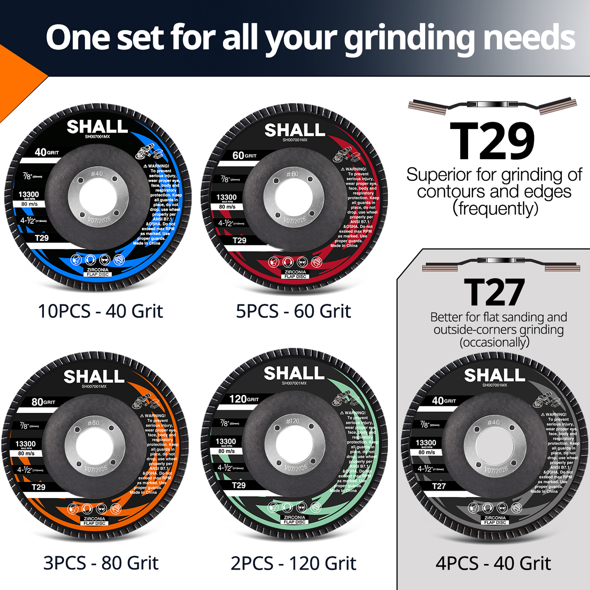 SHALL Flap Discs 4 1/2 for Angle Grinder Cutting Disc, Cut Off Wheels 4 1/2 inch, 24-Pack Flap Disc Zirconia Grinding Wheel