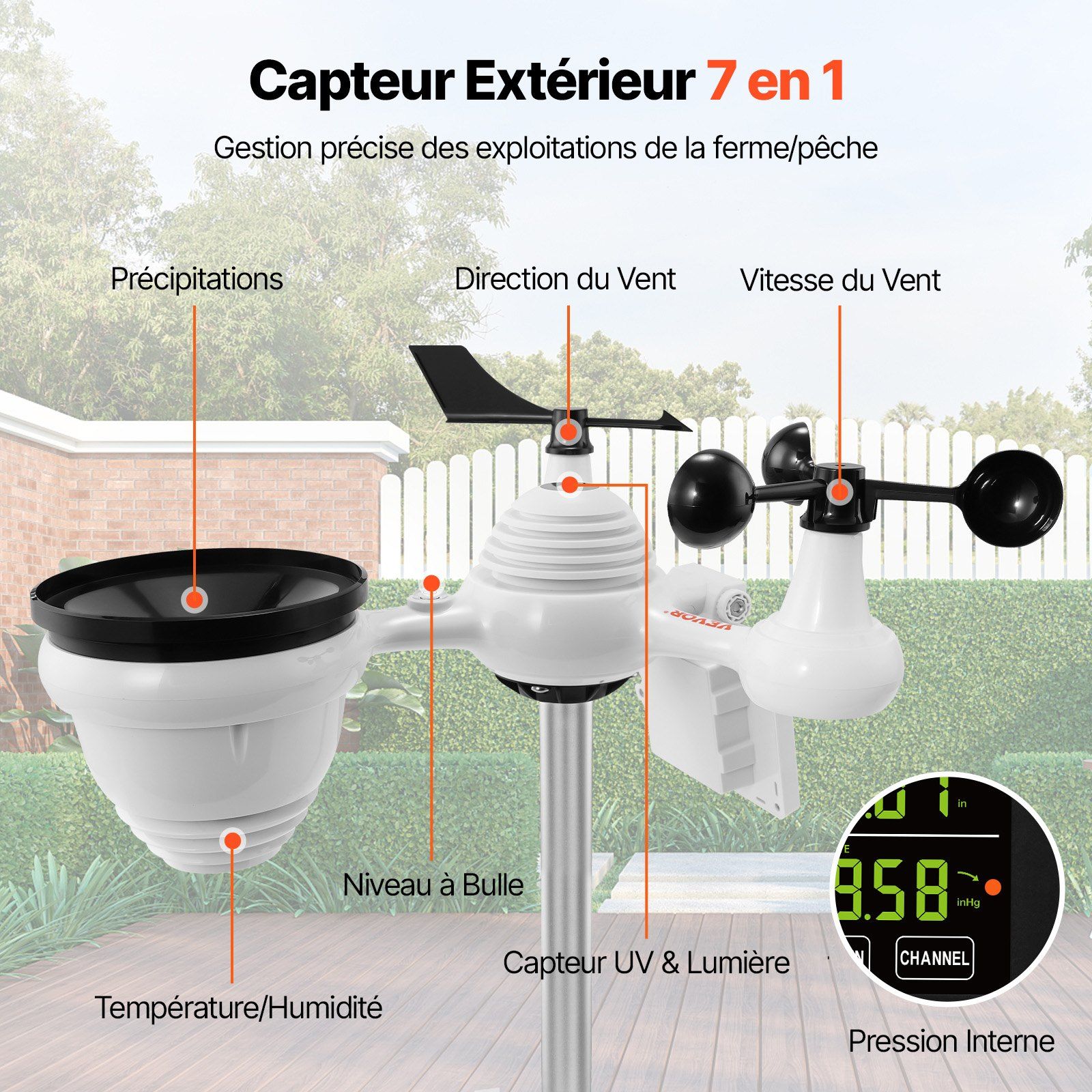 7-in-1 Wi-Fi Weather Station with 7.5 Inch Color Display Indoor Outdoor Solar Wireless Sensor for Temperature Humidity Wind Speed Direction Rain Alarm Alerts