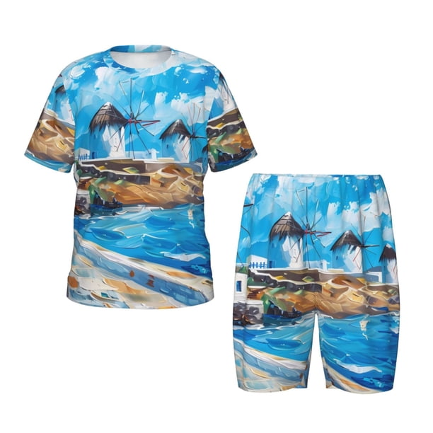 Balery Greek Island Windmills Painting Conjunto de Pijama Infantil de Manga Corta con Estampado – Ropa de Dormir de Algodón Suave-4X-Large
