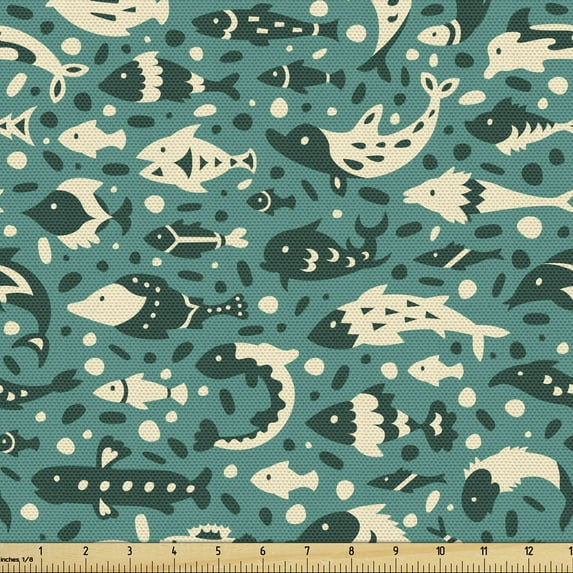Nautical Fabric by the Yard Upholstery, Underwater Animal Composition with Hand Drawn Silhouettes of Fish, Decorative Fabric for DIY and Home Accents, 2 Yards, Teal Dark Teal and Cream by Ambesonne