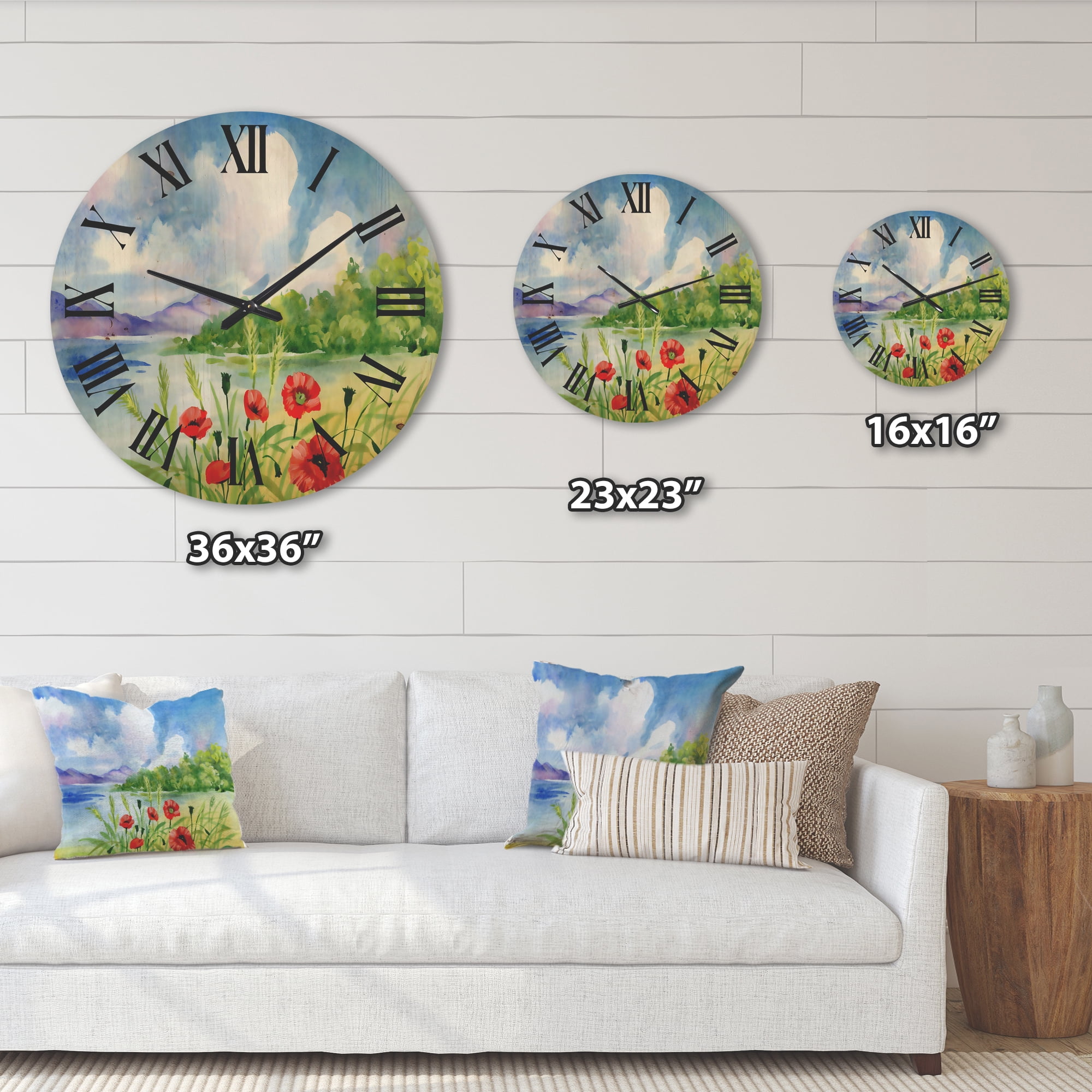 Designart 'Red Tulips On The Bank Near A River Mountain' Lake House Wood Wall Clock