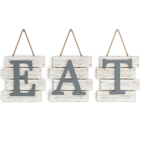 Barnyard Designs Eat Sign Wall Decor, Rustic Farmhouse Decoration for Kitchen and Home, Decorative Hanging Wooden Letters, Country Wall Art, Distressed White/Grey, 24" x 8”