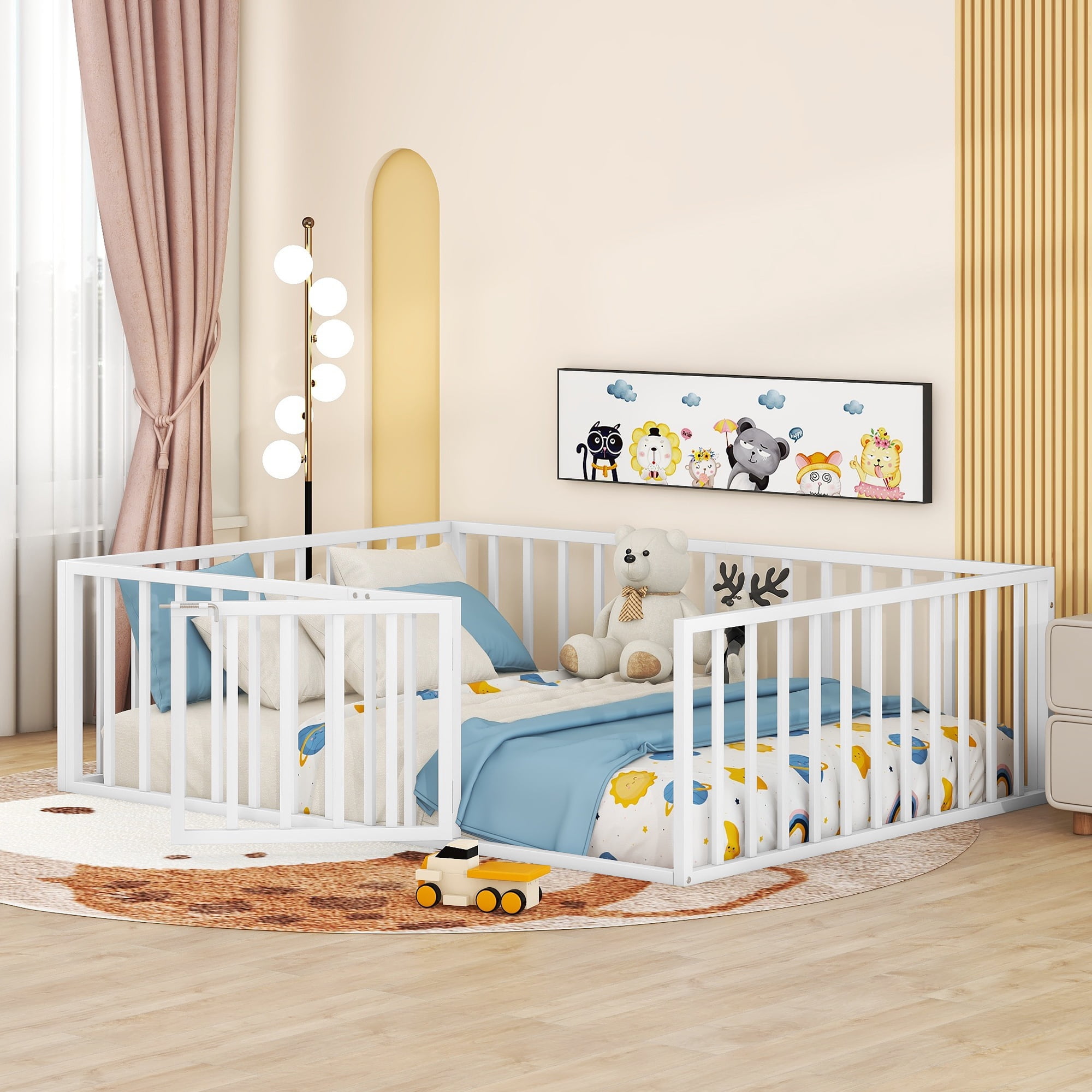 Harper & Bright Designs Full Floor Bed Frame for Kids, Metal Montessori Floor Bed with Rails and Door, Floor Full Size Bed Frame with Fence-Shaped Guardrails, White