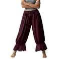 thumbnail image 5 of Women Linen Lace Trim Long Bloomers Pants Ruffle Victorian Vintage Pantaloons Summer Beach Travel Vacation Pants Wine L, 5 of 6