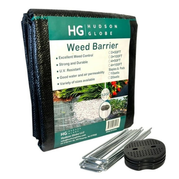 HUDSON GLOBE, 4FTx50FT Premium Heavy Duty, PP Woven Weed Barrier, Landscape Fabric, 3.2 OZ Weed Control Mat, Driveway Fabric,Garden ClothIncluded (10 Sets U-Staples &Plastic Peds FREE)