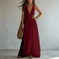 thumbnail image 6 of Halter Neck V-Neck Sleeveless Maxi Dress Solid Color Flowy Dress Casual Summer Party Evening Gown for Women Wine L(L), 6 of 8