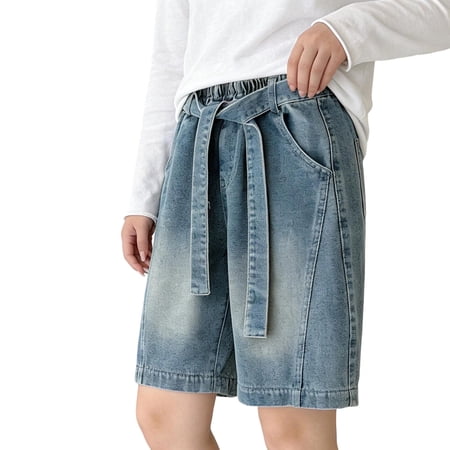 Girls Bermuda Denim Shorts Elastic Waist with Belt Wide Leg Shorts Casual Relaxed Fit Trendy Shorts for 2-14 Years