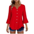 thumbnail image 2 of Craaazy Women's Relaxed Fit V Neck Blouse, Solid Color 3/4 Sleeve Flare Cuff Top, Loose Comfy Button Accent Casual Tee for Spring & Summer Gifts, 2 of 7