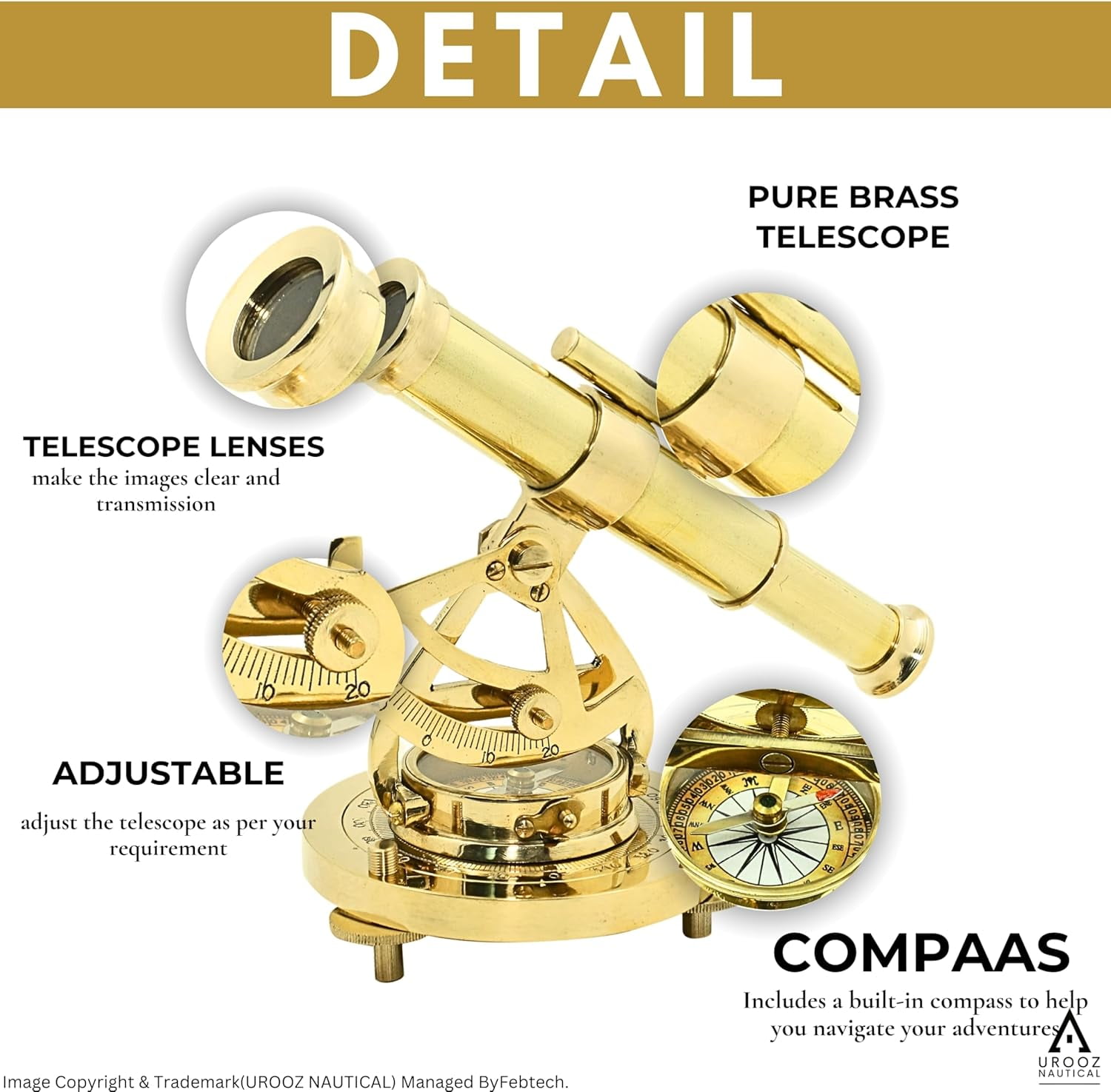 Maritime Poish Brass Alidade Compass & Telescope | Nautical Decorative Alidade Compass Rustic Vintage Home Decor Gifts