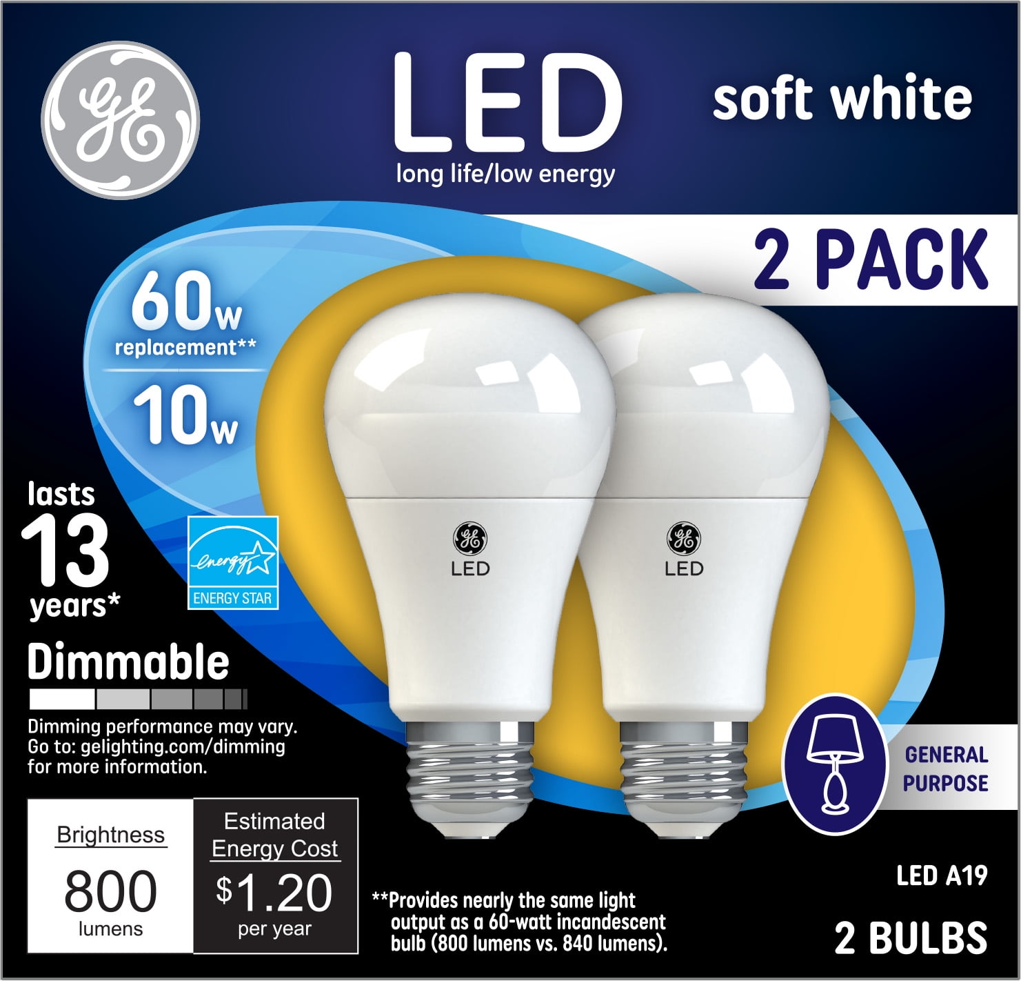 uses 10 watts Dimmable GE Basic 60-Watt A19 Soft White LED Light Bulb 4 BULBS 