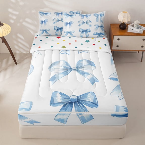 Manfei Blue Princess Bow Zipper Twin Comforter Sets with Fitted Sheet and 2 Pillowcases For Girls,Watercolor Bowknot Print Zipper Bedding Set For Kids,Reversible,4-Piece