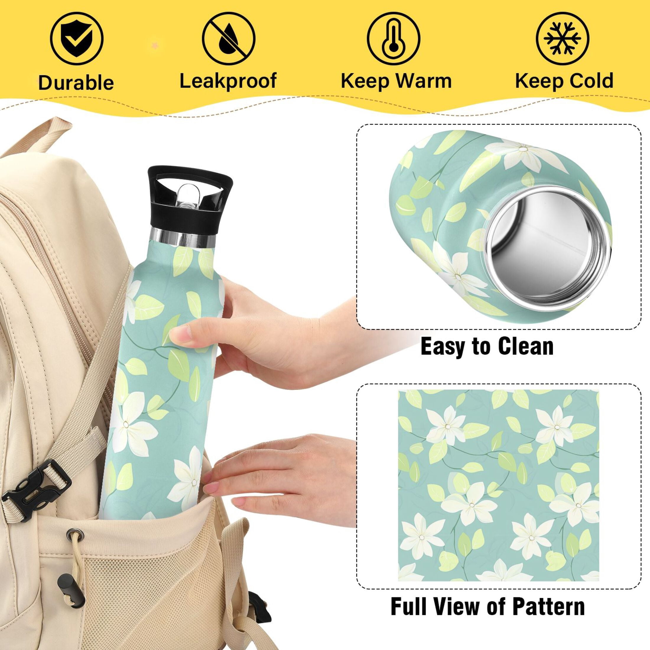 Kids Insulated Stainless Steel Sports Water Bottle 600ml (20oz), BPA-Free Pastel Green Flowers