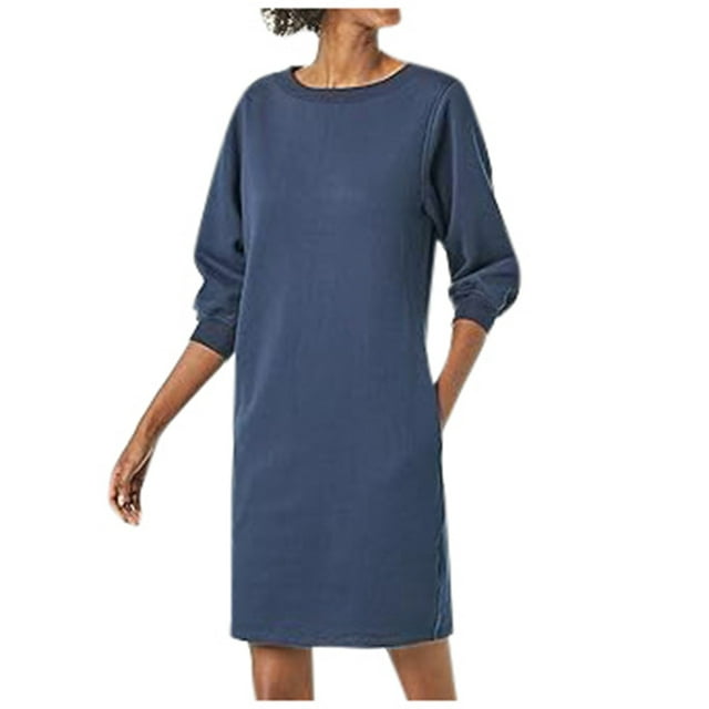 Vestido de mujer con mangas 3/4, cuello redondo y bolsillos - Corte en A, tejido transpirable, estilo informal para todas las estaciones - Se ajusta a la talla