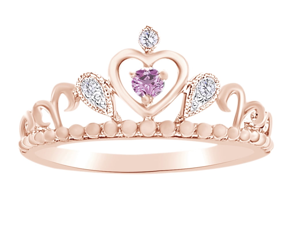 Real Diamond Accent Heart Crown Ring in 925 Silver with 14K Rose Gold Over 