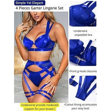 Lingerie Sets for Women Sexy  Bra and Underwear Set  Adjustable Strappy Harness  Underwire Racerback Garter Set  Blue