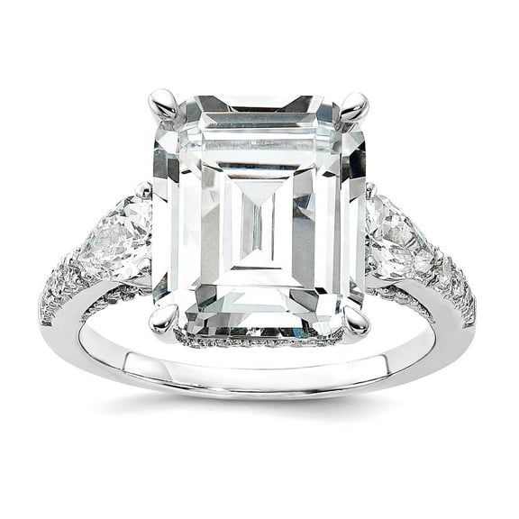 12.15mm 925 Sterling Silver Rhodium Plated Fancy Emerald-cut and Brilliant-cut CZ Ring Size 6 Ring for Women