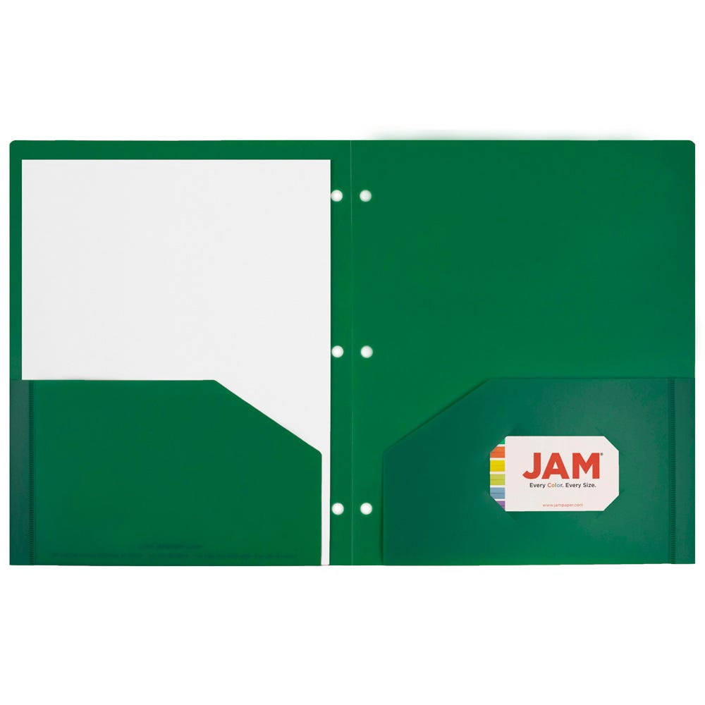 JAM Paper Heavy Duty Plastic 3 Hole Punch Pocket Folders, Extra Tough, Green, Bulk 48/Pack