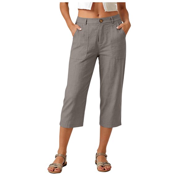 GEWSEY Linen Capri Dress Pants for Women Casual Elastic Waist Cropped Wide Leg Pants with Pockets Summer Baggy Work Trousers Grey for Size S
