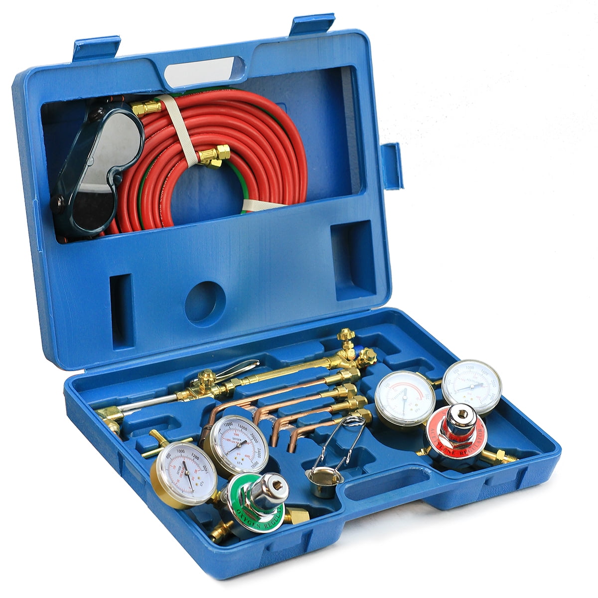 Blue Portable Oxy Acetylene Oxygen Brazing Gas Welding & Cutting Kit Heavy Duty Cutting System Professional Tool Set Victor Type w/Case and Hose Gas Welding Cutting Torch Kit 