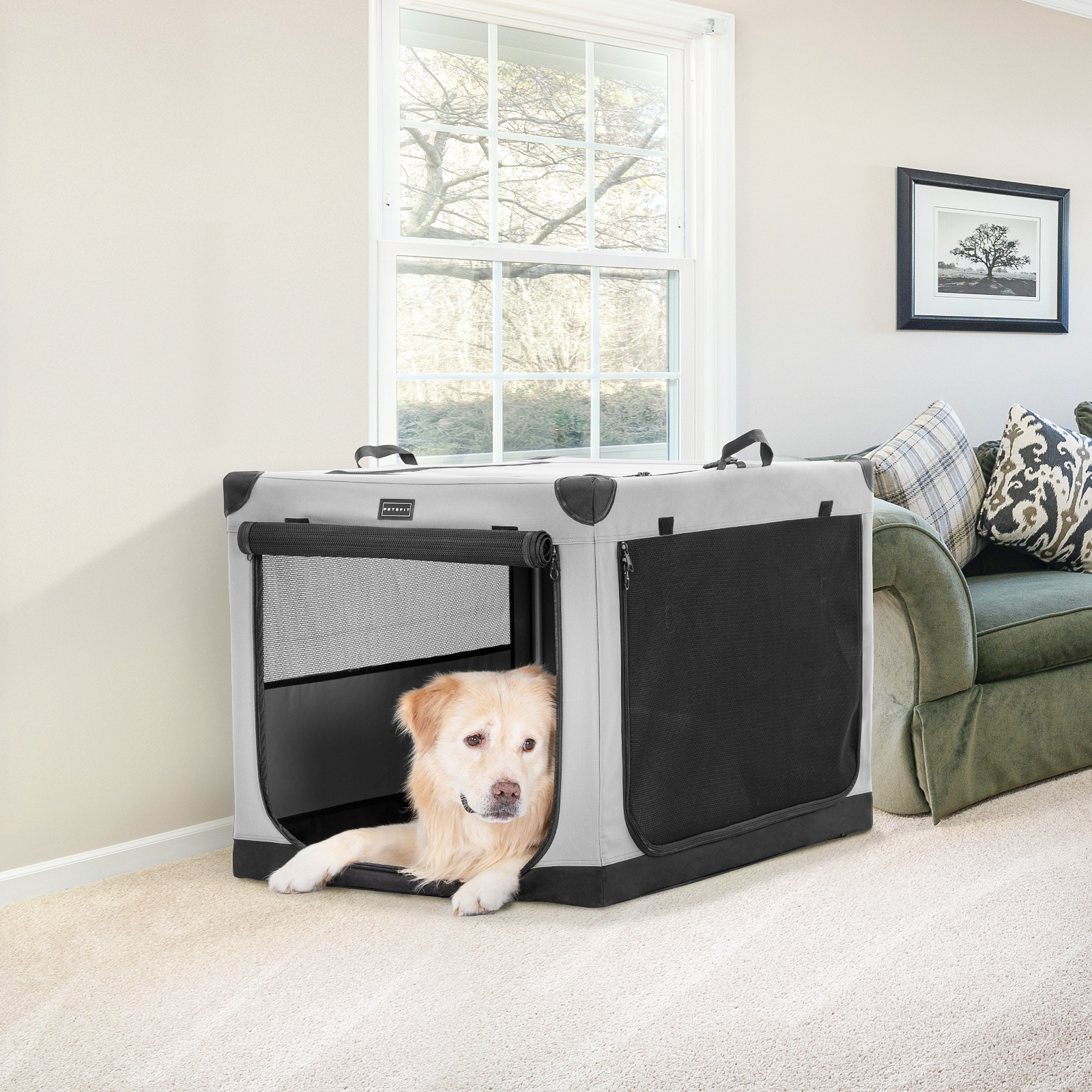 PETSFIT Soft Sided Dog Crate, Soft Dog Crate - 36 Inch Lightweight, Easy Setup, Sturdy Portable Dog Crate, Adjustable Framework with 3 Mesh Door, Collapsible Dog Kennel Grey