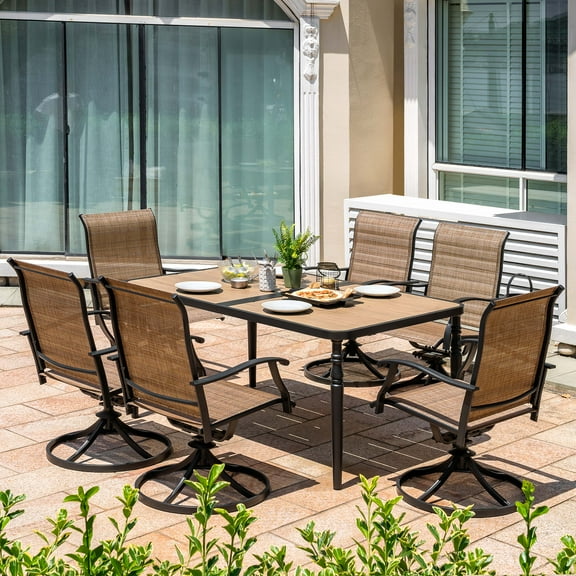 Nuu Garden Outdoor 7-Piece Dining Set, Rectangular Metal Table with Wood-Grain Tabletop & 6 Textilene Swivel Rocking Chairs, Patio Outdoor Furniture with Umbrella Hole, Black and Brown
