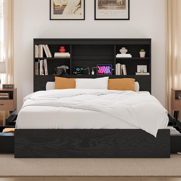 King Bed Frame with Storage Headboard, Wooden Bed Frame with Charging Station, Storage Bookcase & King Size Platform Bed with 4 Drawers, No Box Spring Needed, Noise-Free, Vintage Black