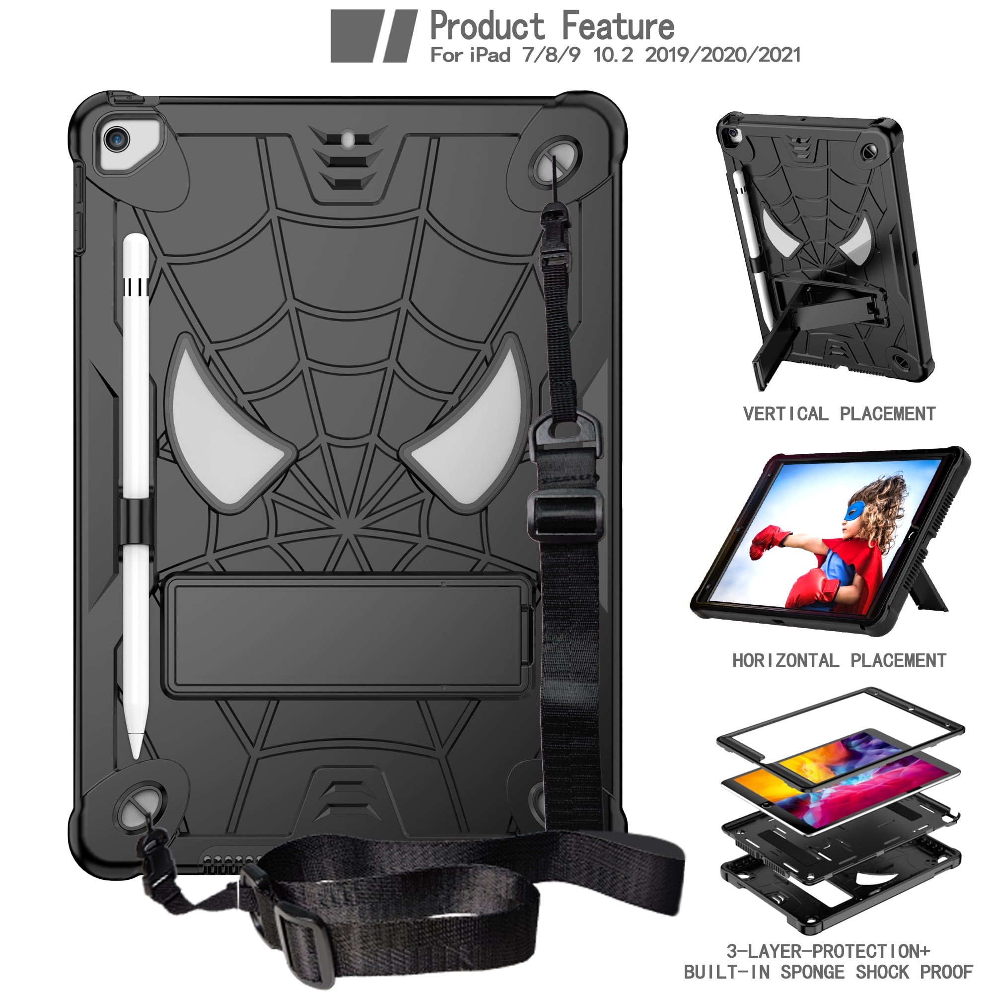 ELEHOLD Kids Case for iPad 9th/8th/7th Gen 10.2" 2021/2020/2019, Heavy Duty Rugged Cover with Foldable Kickstand Crossbody Shoulder Strap Pencil Holder Shockproof Case for iPad 10.2",Black