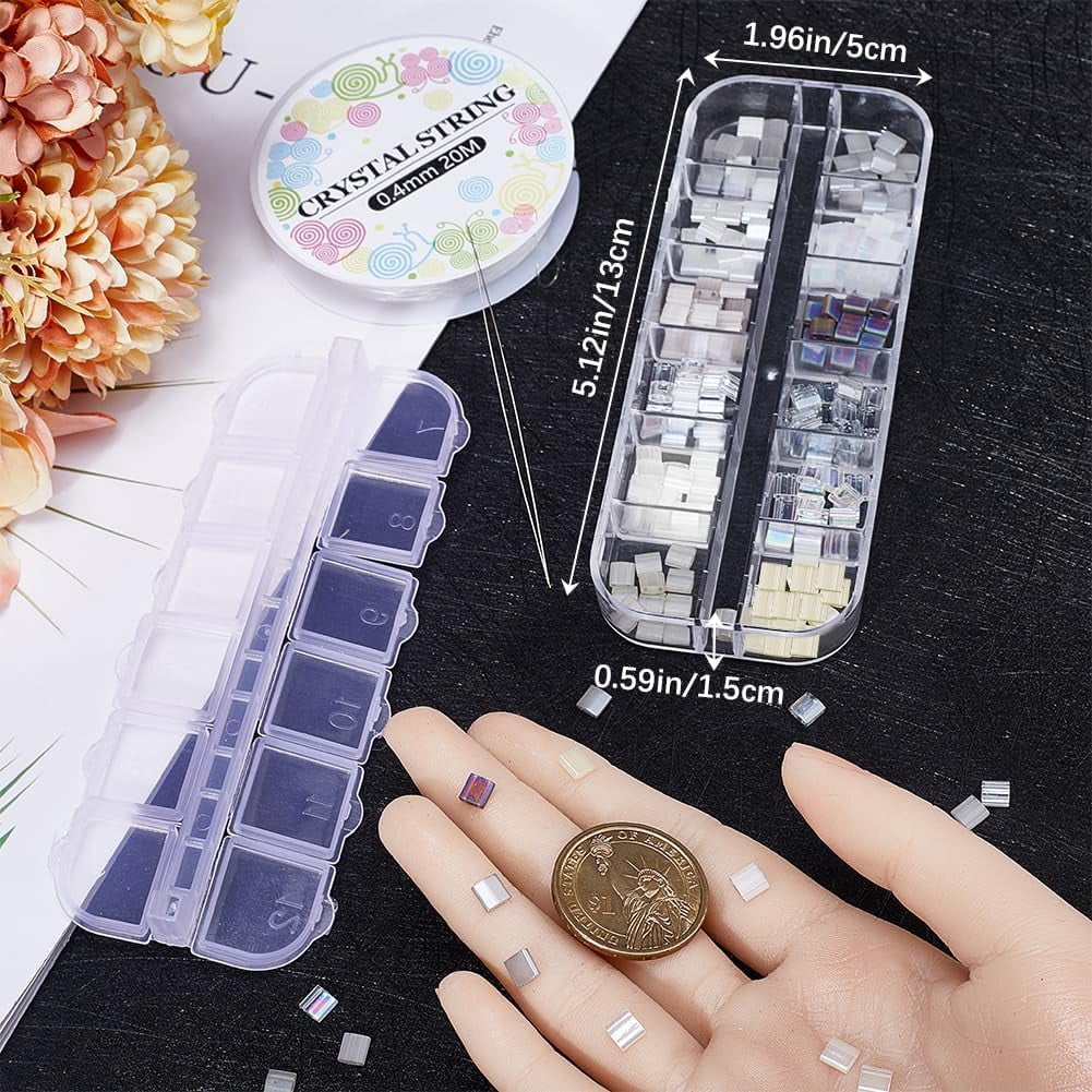 1 set DIY Tile Bracelet Making Kit Including 2-Hole Rectangle Glass Seed Beads Big Eye Beading Needles Elastic Thread Mixed color Beads: 5x4.5~x2~2.5mm Hole: 0.5~0.8mm 480pcs/set