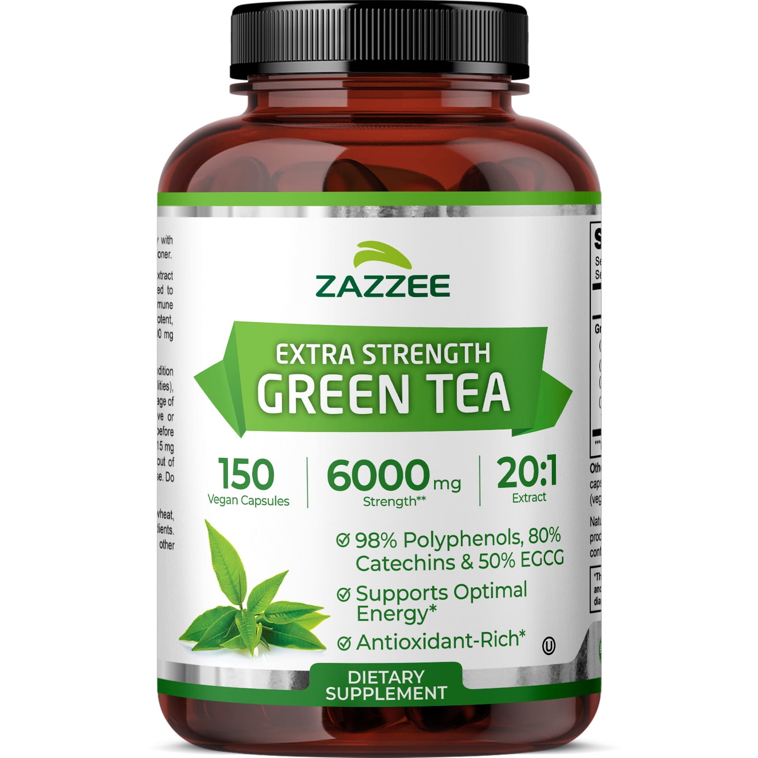 Zazzee Extra Strength Green Tea Extract 6000 mg – 150 Vegan Capsules – 20:1 Potency – 50% EGCG / 98% Polyphenols – 5‑Month Supply – Vegan • Non-GMO •Kosher• Made in USA