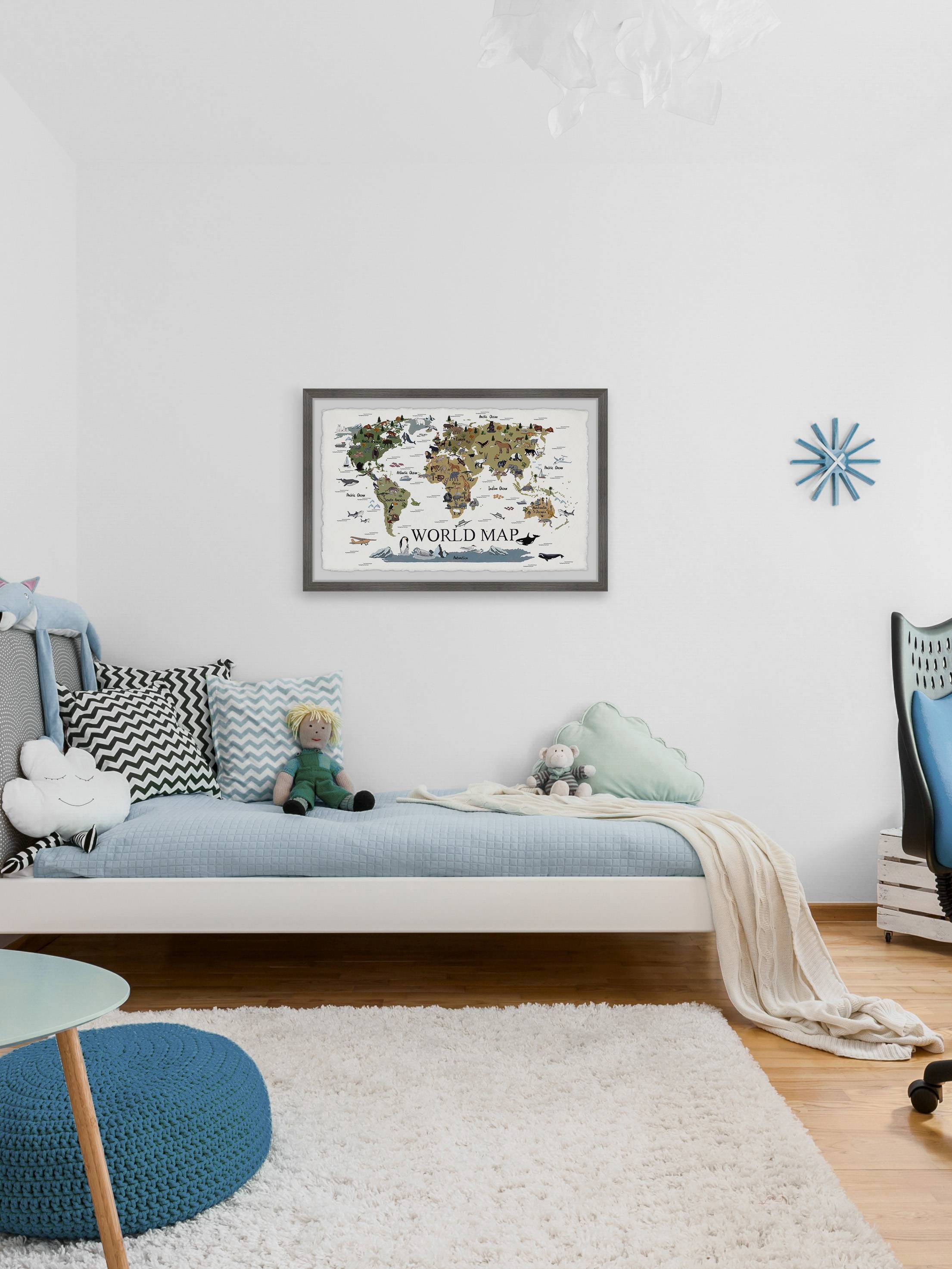 Marmont Hill World Map of Animals Framed Wall Art