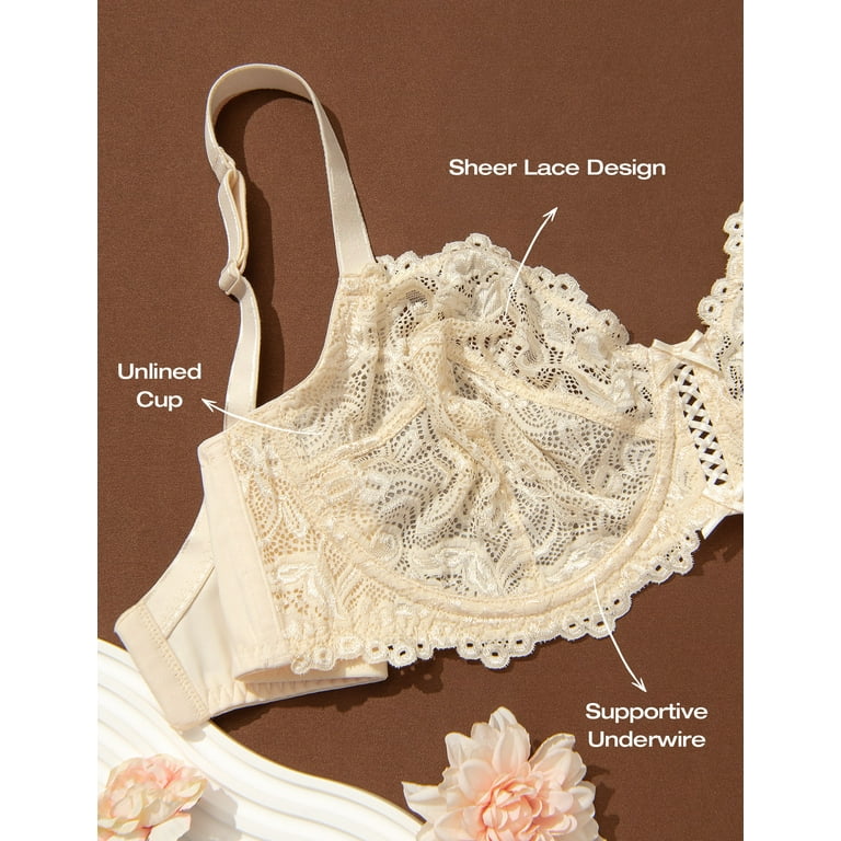 Deyllo Women's Non Padded Sheer Lace Bra Unlined Plus Size Underwire Bra,  Beige 36B 