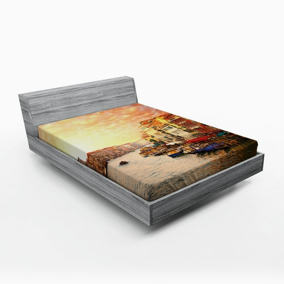 Scenery Fitted Sheet, Venezia City Italian Landscape with Old Houses Gondollas and Spikes Image, Soft Decorative Fabric Bedding, Full Size, Multicolor, by Ambesonne