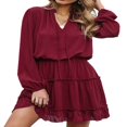 thumbnail image 4 of Women Mini Dress Long Sleeve Lacing Solid Pleated Fall Summer Dress for Daily, 4 of 9