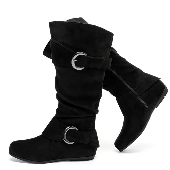 Love Steetly Women's Extra Wide Calf Knee High Boots, Slouchy Double Buckle Flat Fall Winter Boots.