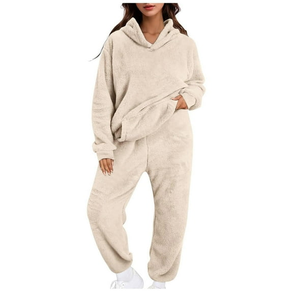 Moxiu Ladies Pajamas Sets 2 Piece Fuzzy Fleece Outfits for Women Warm Pullover and Sweatpant Soft Comfy Plush Winter Lounge Sets 2025 Beige,M