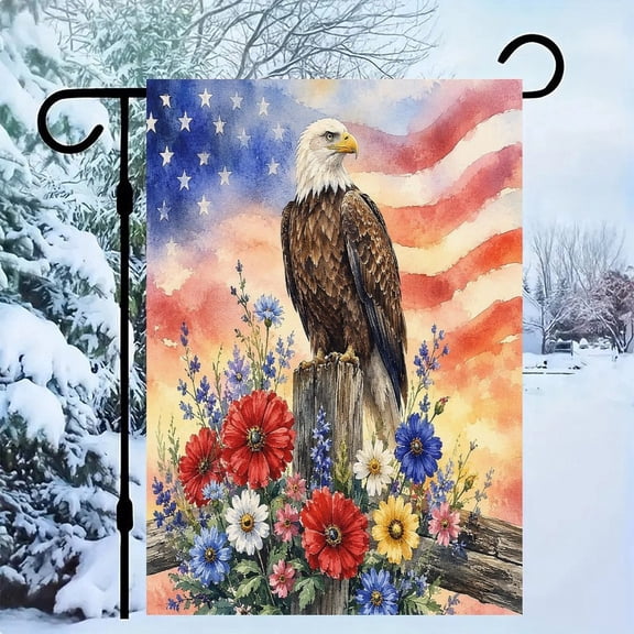 RKSupls Patriotic Linen Double Sided Garden Flag, Independence Day Themed Yard Decor, Eagle Perch Flowers Watercolor Flag Outdoor Banner for Holiday Lawn