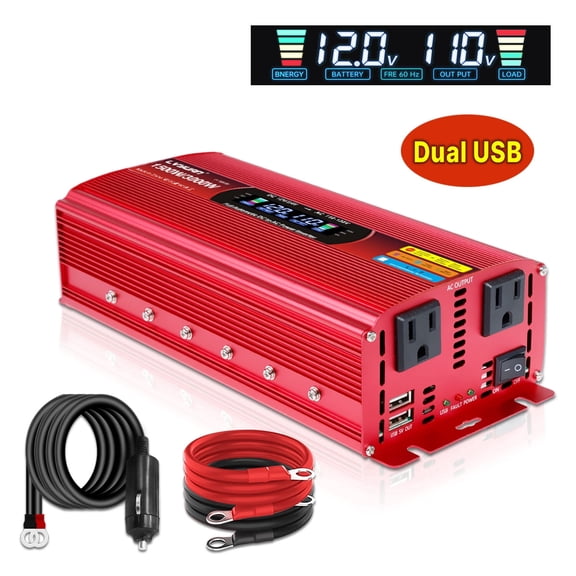 1500W 3000W Peak Power Inverter Modified Sine Wave DC 12V to AC 110V 120V Car Converter Adapter USB Charger 2 AC Outlets 2 USB LCD Display for Car, RV, Camping & Home Backup Red