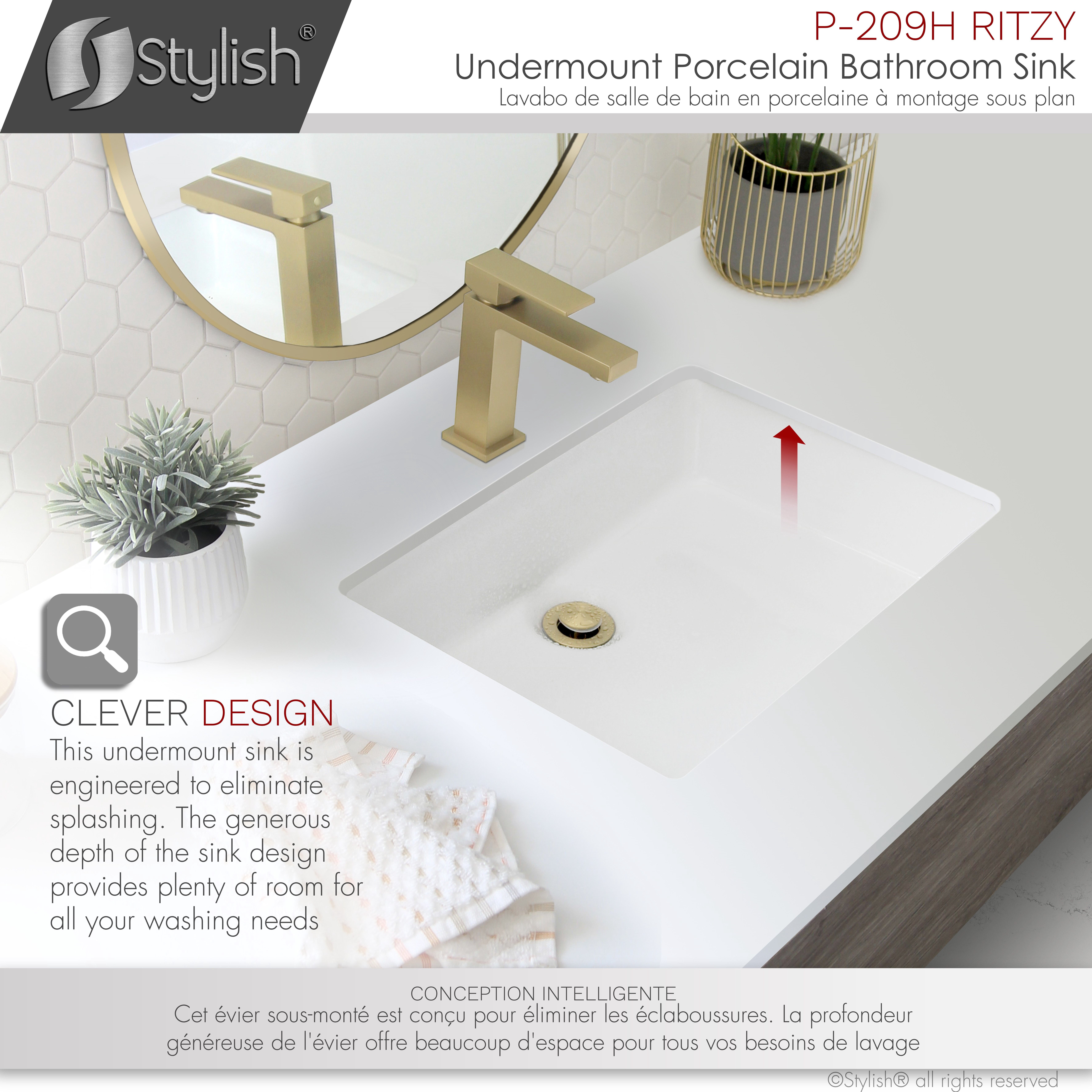 Stylish Undermount 20.37" W x 14.25" D White Rectangular Porcelain Bathroom Sink with 2 overflow rings P-209H