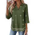 thumbnail image 2 of ASDFVBKG Womens Blouses Spring Tops Cozy 3/4 Length Sleeve V-Neck Collared T Shirts Trendy Retro Floral Printed Relaxed Fit Loose Clothing Dark Green XL, 2 of 4