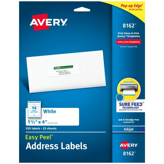Avery Easy Peel Address Labels, 1-1/3" x 4", 350 Labels (8162)