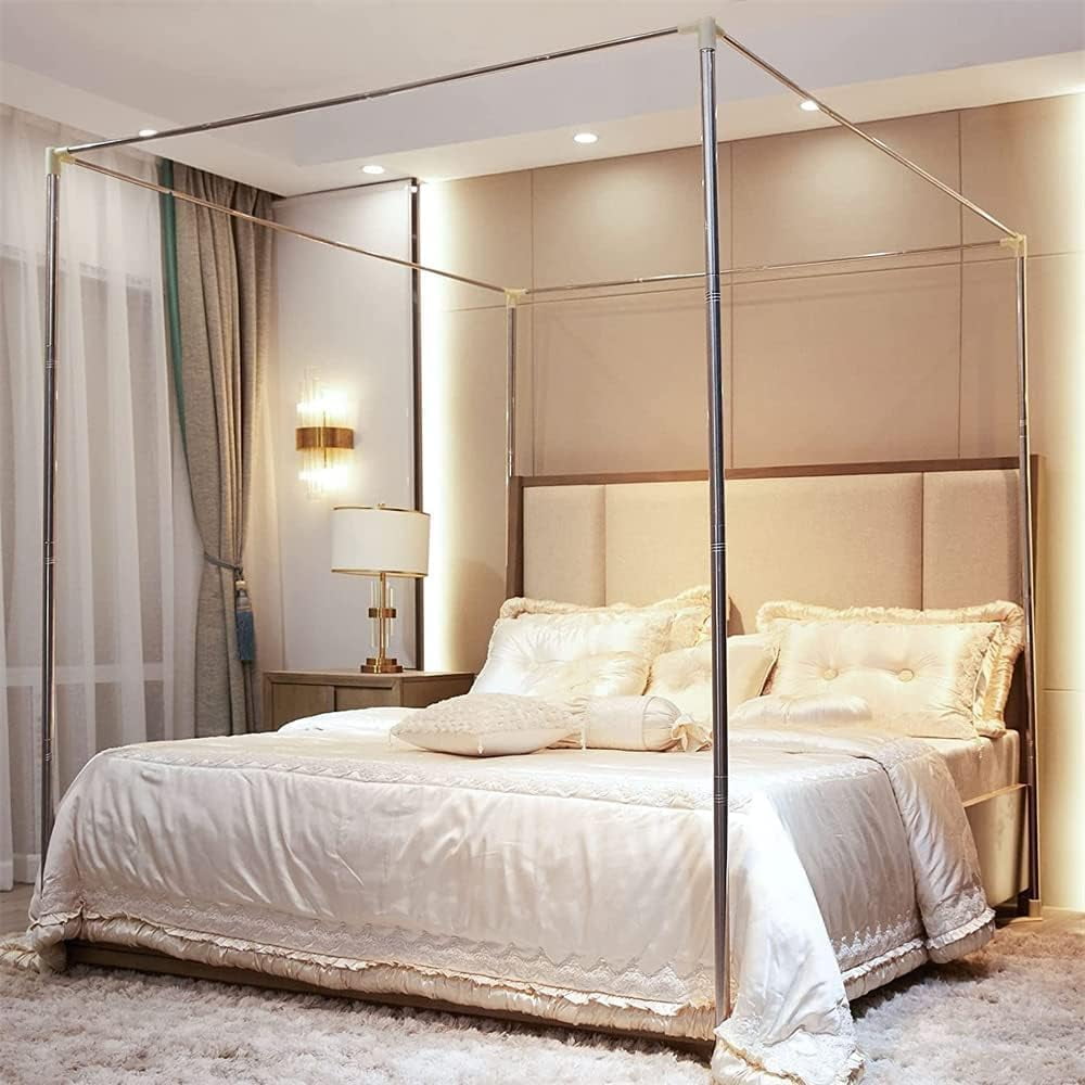 Metal Four Poster Canopy Bed Frame, Bed Post Poles 4 Corner Canopy, Stainless Steel Queen Size Canopy Bed Frame for Wood Bed Mosquito Curtains (4.92 * 6.56 * 6.56ft)