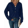 thumbnail image 2 of Sudadera con Capucha de Larga de Punto Gofre para Mujer, con Cordón, Botones, Cuello en V, Informal, con Capucha. Azul Marino L, 2 of 9
