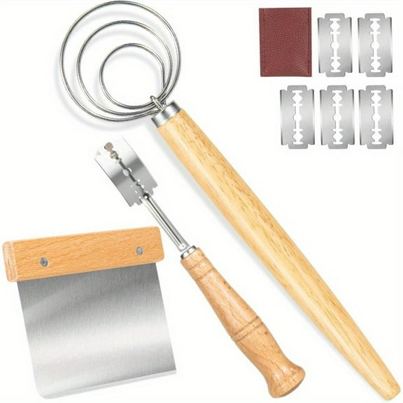 Dough Whisk - Bread Whisk Set of 3 pieces, Bread Making Tools and Supplies,Sourdough Whisks, Dutch Whisks for Dough, With Dough Scraper Sourdough Cutter, Lame Doughs Scoring Tool Blades