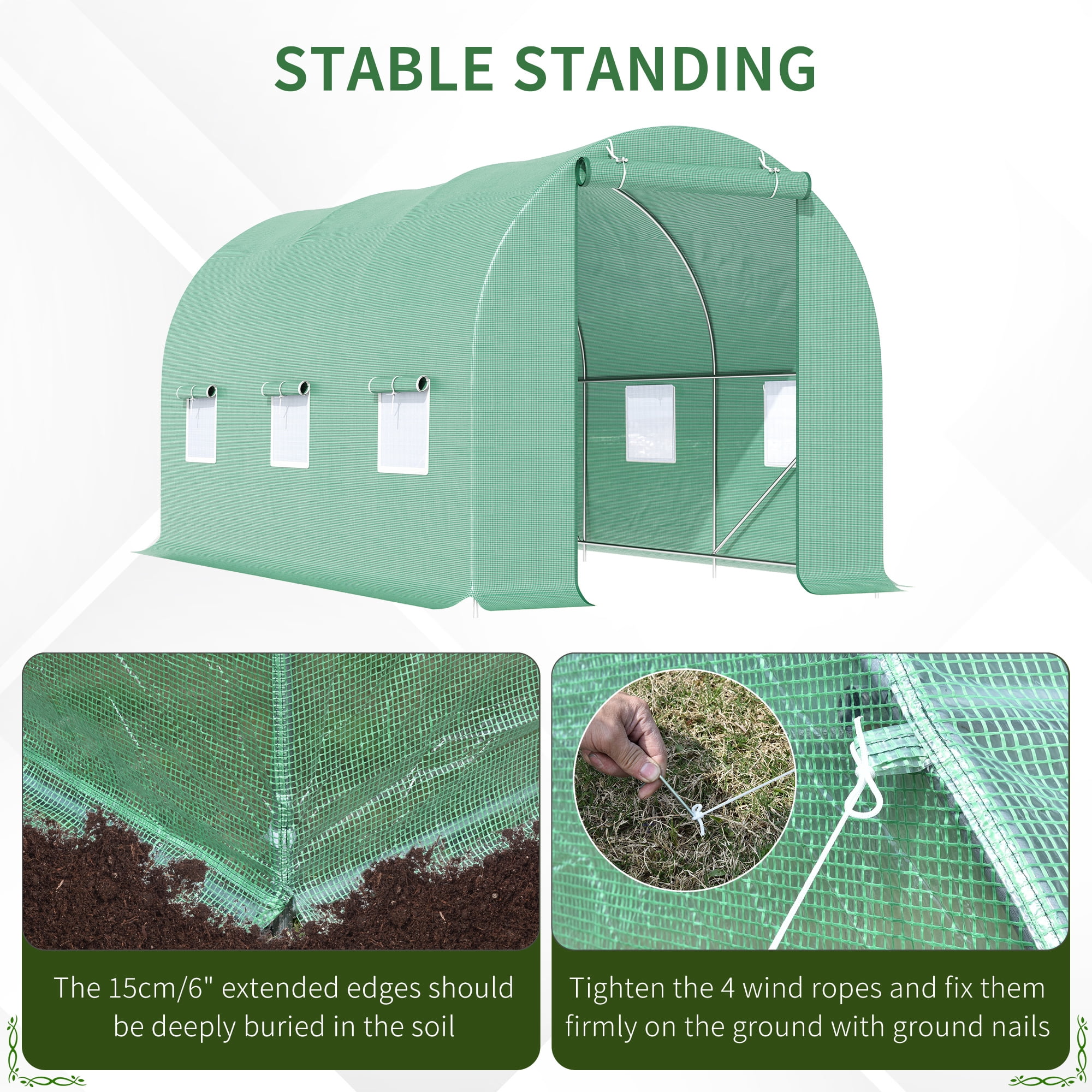 Outsunny 15' x 6' x 7' Walk-in Tunnel Greenhouse Garden Plant Growing House with Door and Ventilation Window, Green