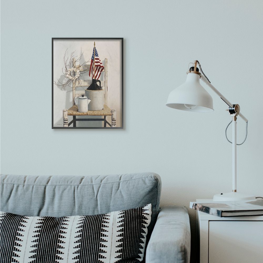 Stupell Industries Vintage Rustic Things American Flag Neutral Painting Framed Giclee Texturized Art by Cecile Baird